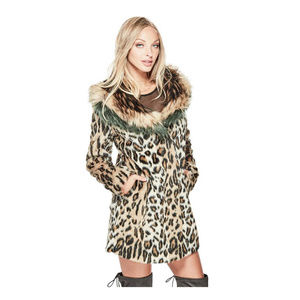 GUESS Natalia Faux Fur Coat Animal Print Tan Brown Celebrity Glam Luxe Jacket